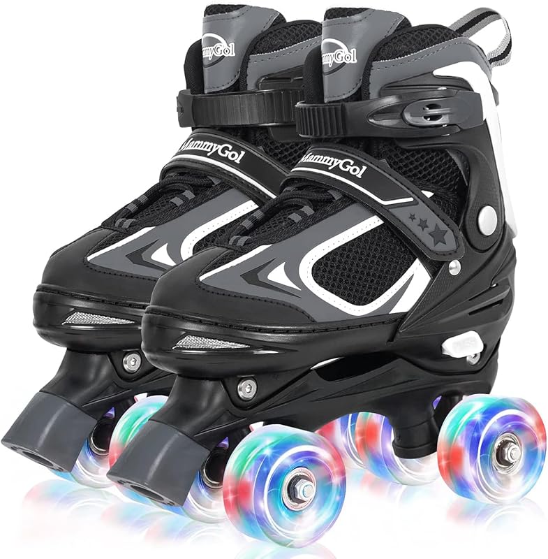 MammyGol Patines de ruedas para niños y niñas, 4 tamaños de patines cuádruples ajustables para niños con todas las ruedas iluminadas, protección completa para deportes de interior y exterior