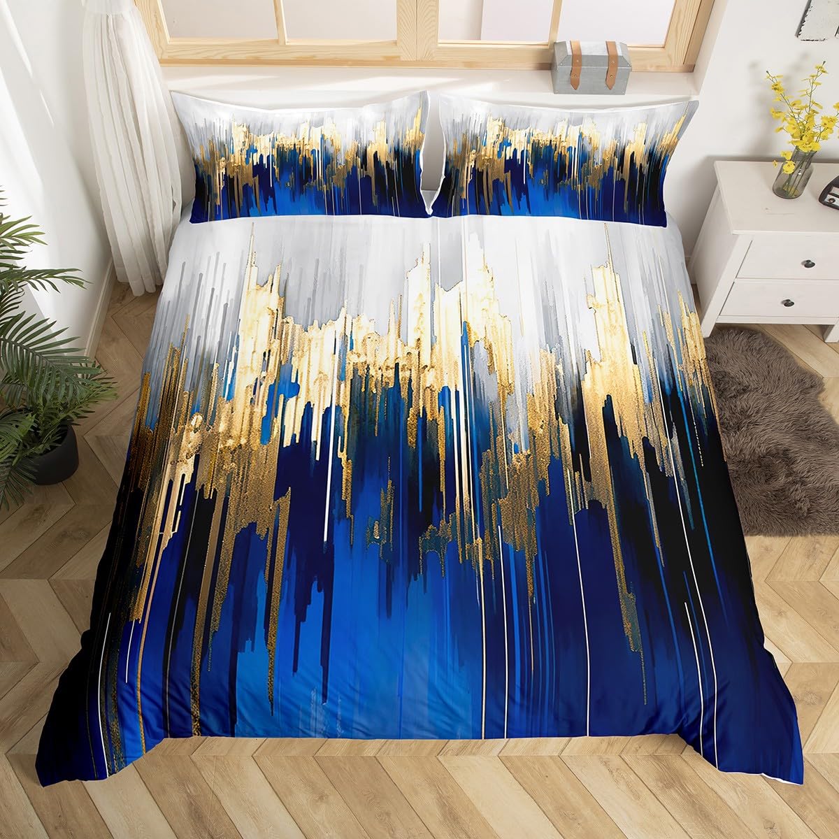 Abstract Art Comforter Cover Navy Gold Grey Bed Set, Geometry Stripe Duvet Cover Queen Size Golden Metallic Sequins Bedding Sets, Dark Blue Tie Dye Bedspread Cover Luxurious Modern Bedroom Decor