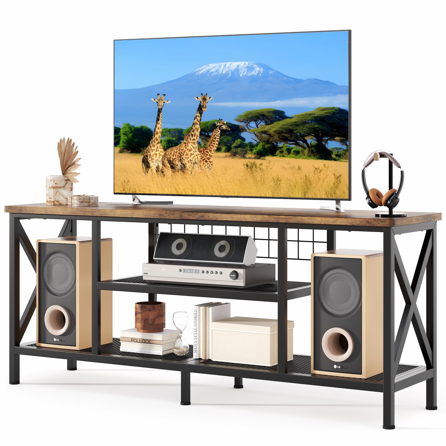 Gizoon 59.8" Industrial TV Stand for 55-65 Inch TVs, Rustic Brown, 3-Tier Media Entertainment Center with Open Shelves, Metal Frame, Sofa Table for Living Room, Bedroom, Office