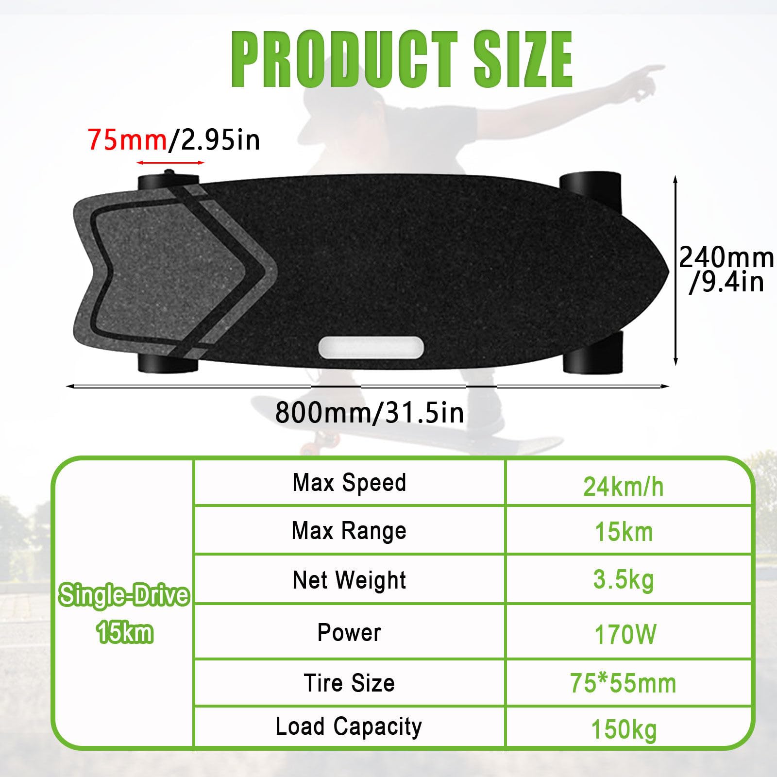 Skateboard électrique, Longboard,Skateboard électrique avec télécommande Commandes adaptées aux débutants, avec Moteur hub Simple/Dual, Vitesse maximale de 22-40 km/h Single-Drive-15km