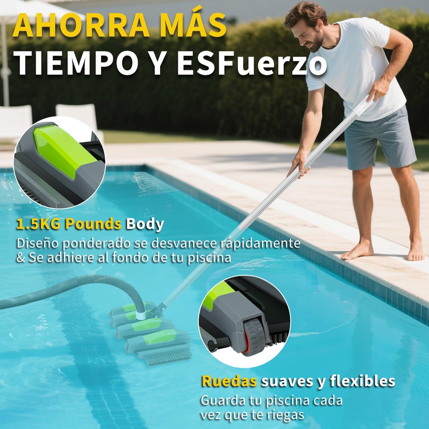 Cepillo Aspirador Piscina 45 cm con Ruedas, Cepillo Aspirador para Piscina con Conexión de Succión, Cepillo Limpiafondos Piscina Flexible con Cepillos Laterales, Compatible con Mangueras 32 mm y 38 mm