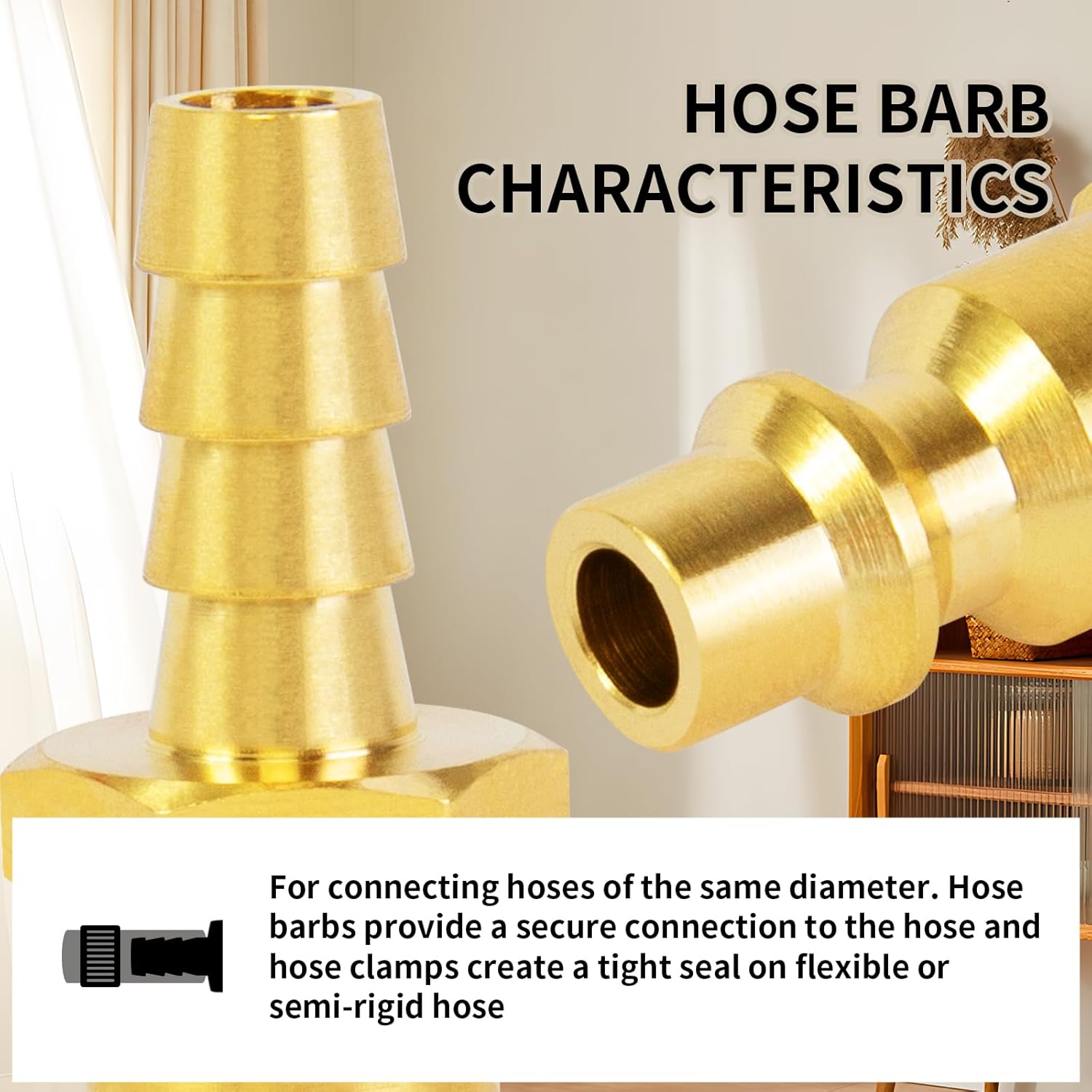 ChillWaves Brass Industrial Type M/D Air Hose Fittings, 1/4" Barb x 1/4" Flow Air Plug，Quick Connect Air Hose Fittings with Hose Clamp(10-PACK)