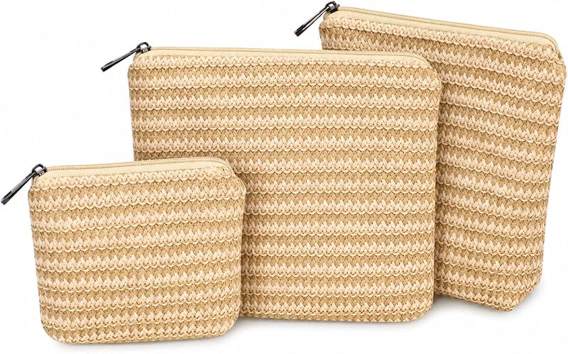 BBORGDC Conjunto com 3 necessaires organizadoras de maquiagem, tecido trançado de PP, zíper