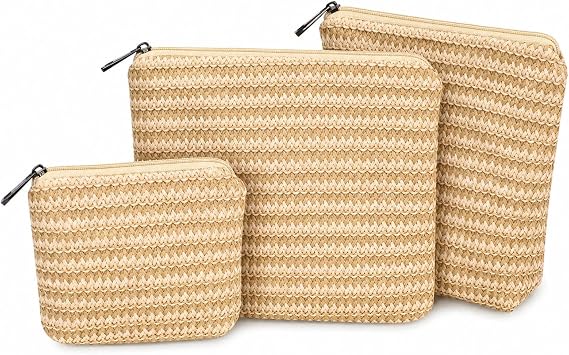 Purse Organizer Pouches, 3 Pack Small Makeup Bags for Purse, PP Straw Makeup Pouch Set, Travel Essentials Pouches, Zipper Organizer Bags for Totes and Handbags