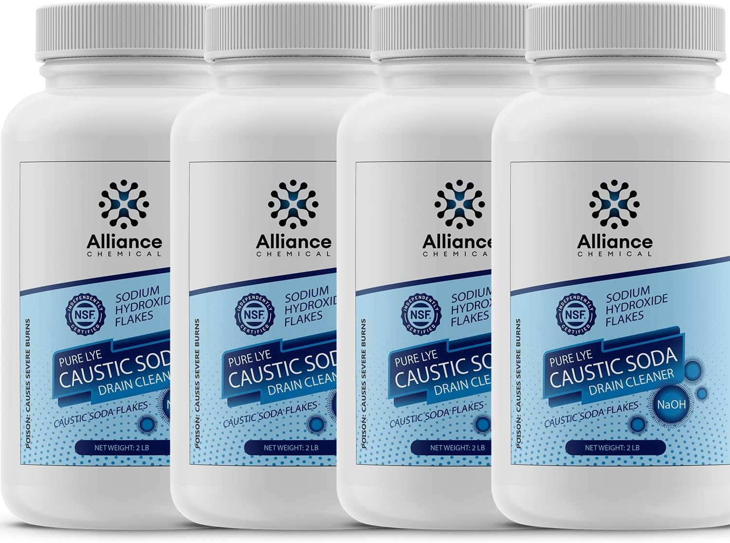 Alliance Chemical Sodium Hydroxide Flakes - Water Treatment Grade - 4 Pack (8LB Total) - Pure Caustic Soda Lye Water - for Soaps, Drain Cleaner, Soda Ash