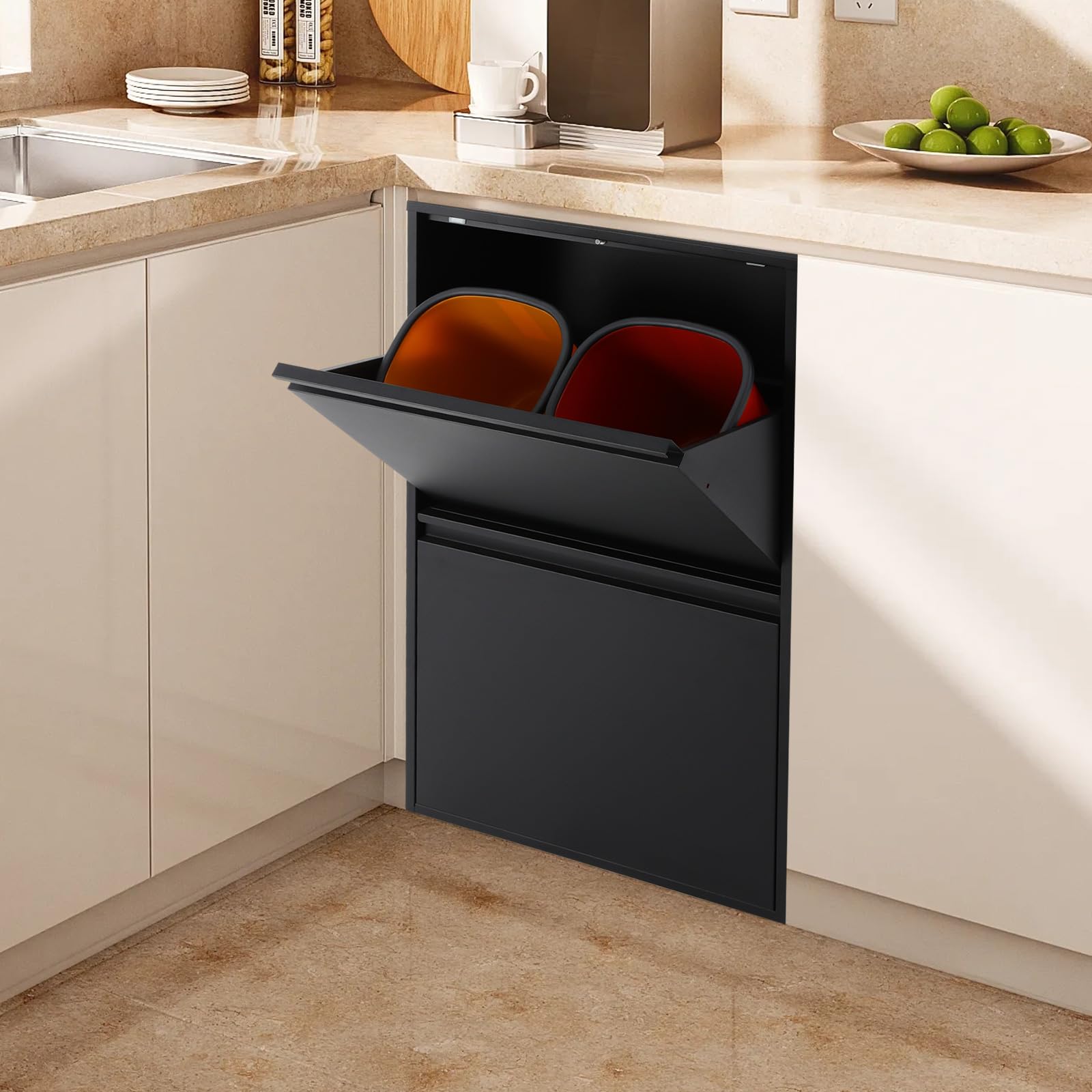 Cubo de basura de cocina, 4 x 15 L, sistema de separación de residuos de gran capacidad, cubo de basura con puertas abatibles, armario reciclado para hogares, oficinas, espacios comerciales