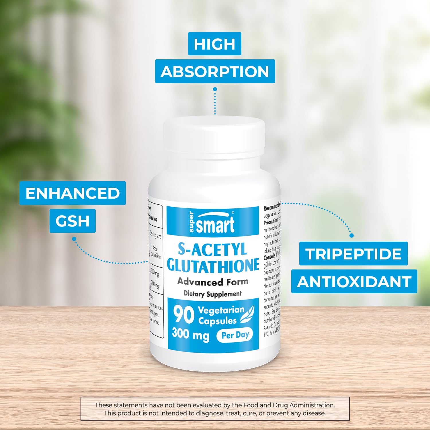 Supersmart S-Acetyl Glutathione 300mg per Day (High Absorption) - Stable Form of L-Glutathione Tripeptide - GSH Supplement | Non-GMO & Gluten Free