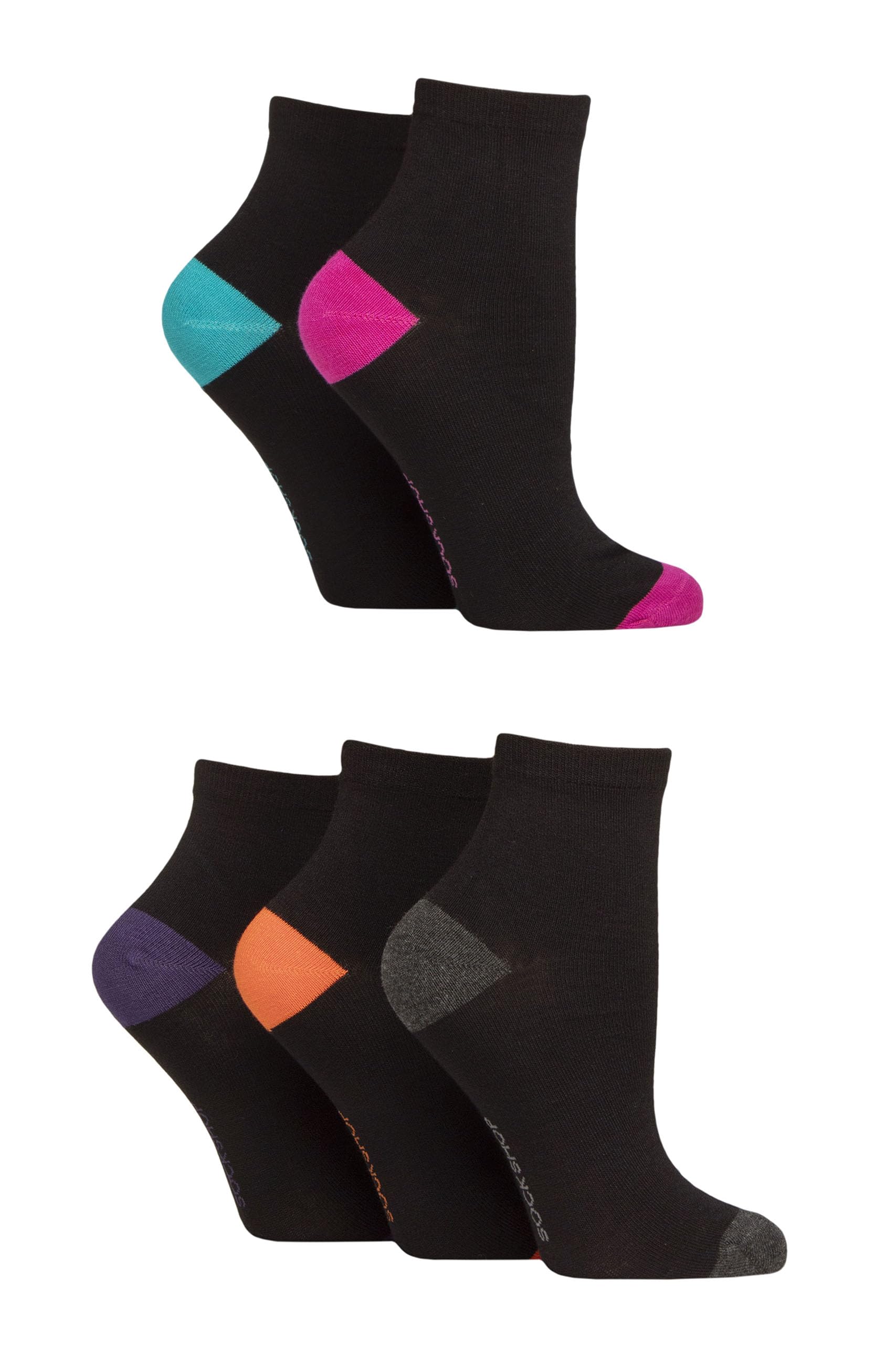 Sockshop Women's Heel & Toe Black Bright Bamboo Ankle Socks - Ankle High, Anklet, Soft, Cooling, Breathable, Plain And Patterned, 5 Pair Multipack Size 4-8