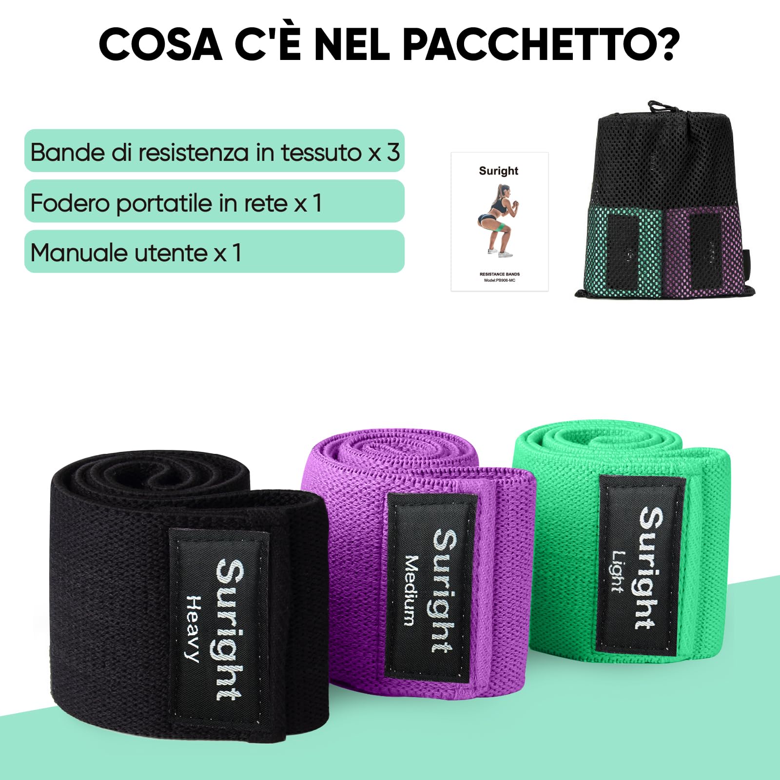 Suright Elastici Fitness, Fasce Elastico Palestra in Tessuto con 3 Livelli di Resistenza, Bande Elastiche Fitness Antiscivoli per Fitness, Esercizi Glutei, Pilates, Yoga, Palestra