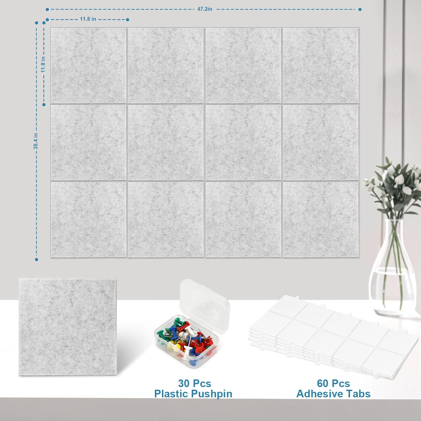 Große Korktafel-Alternative, 30 x 30 cm, Filz-Wandfliesen mit sicheren, abnehmbaren Klebestreifen, Kork-Wandfliesen, Pinnwand, Heimbüro, Essentials, Grau, 12 Stück