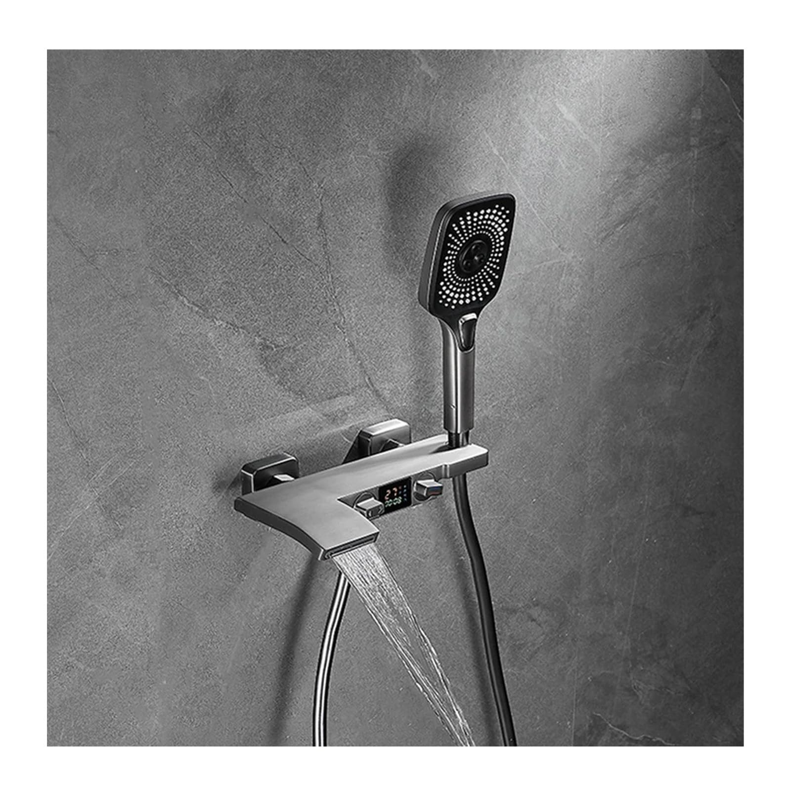 SWENEEN Led Waterfall Wall Mounted Bathtub Faucet With Handheld Spray Single Handle Brass Tub Mixer Tap With Temperature Display,Gun Gray