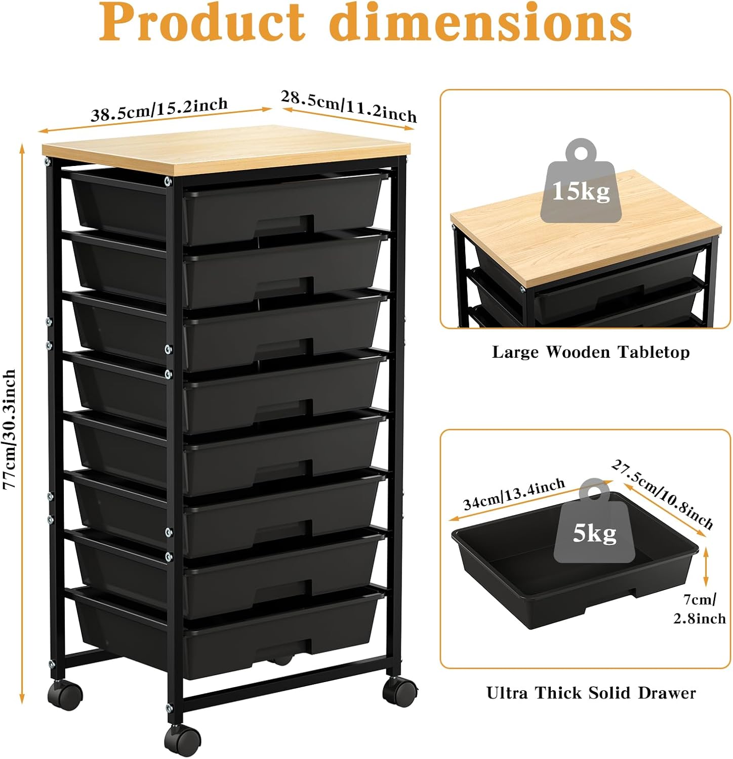 Rolling Storage Cart with 8 Drawers & Lockable Casters & Wooden Tabletop, Mobile Utility Organizer Cart Multi Drawer Storage Cabinet Steel Frame Craft Organizer for Home Office Classroom (Black)