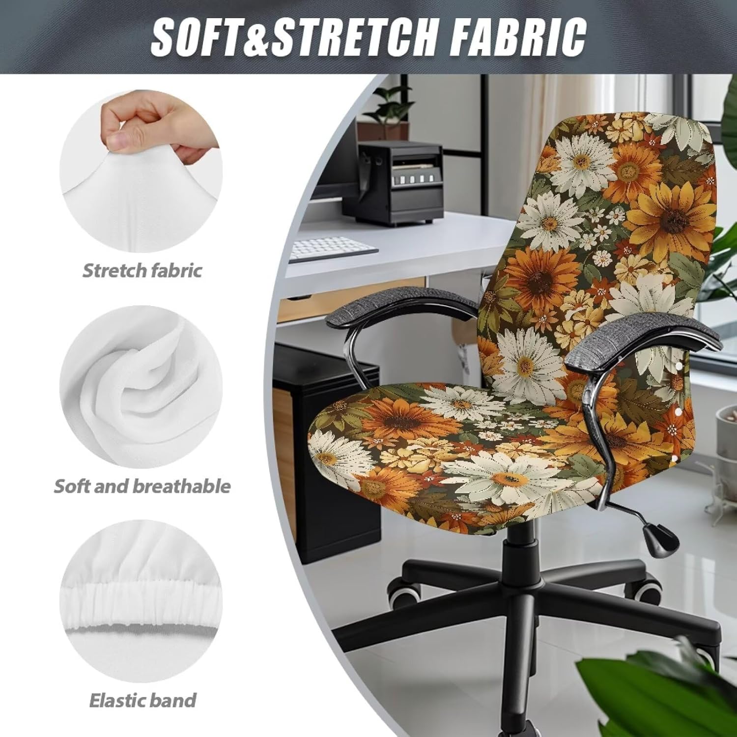Sunflower Rotating Boss Computer Chair Slipcovers Non-Slip Fall Decor Office Desk Chair Seat Cover Stretchable Easy Care High Back Office Slipcover Breathable Universal Fit