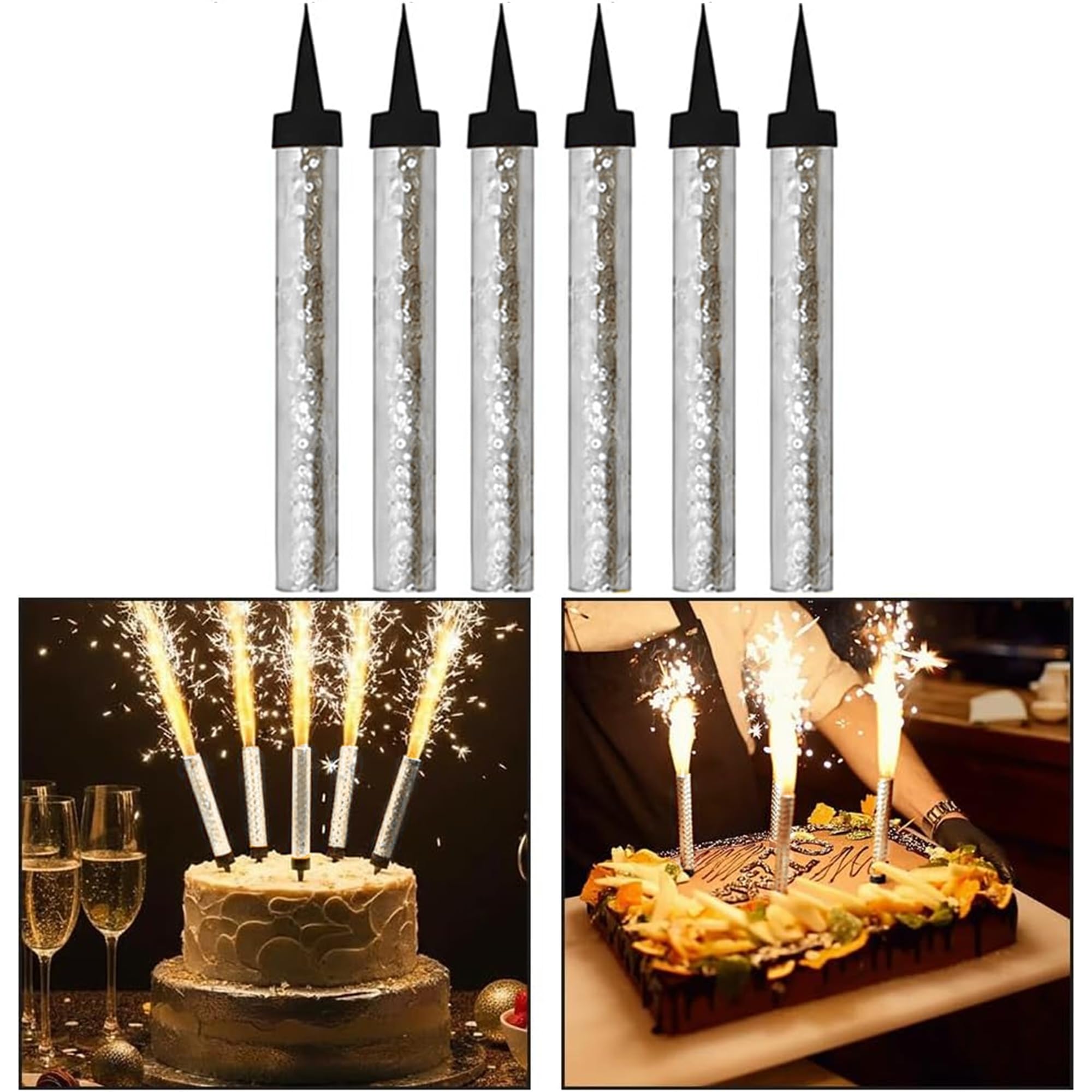 CRSTAL25 Silver Sparkling Fountain Candles in Pack of 6 | Low-Smoke, Bright Sparkle & Long-Lasting Effect | Great for Birthdays, Anniversaries, Weddings & Parties