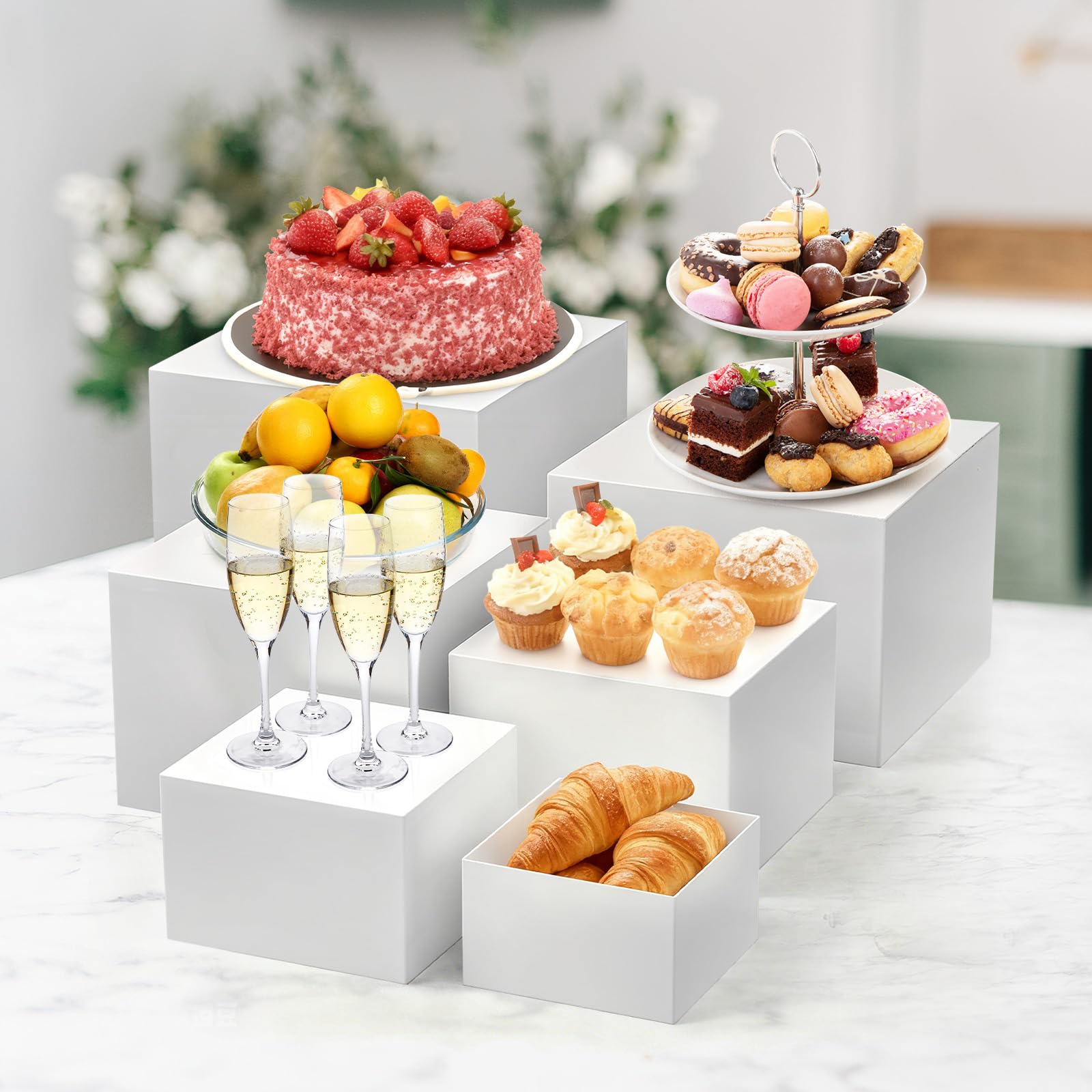 Garvee Lot de 6 présentoirs de buffet pour fête, cube en acrylique blanc avec fond creux, boîte de rangement pour cupcakes, desserts, restauration, bijoux et objets de collection