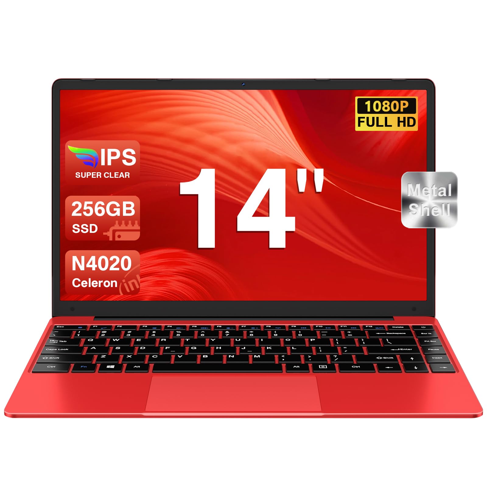 2026 Ordenador Portátil 14",6GB+256GB SSD Celeron N4020(hasta 2.8Ghz) Win 11 PC 1080P FHD WiFi 5G BT 4.2 Soporta 1TB SSD Expansión con Ratón Inalámbrico para Trabajo-Estudio-Aprendizaje , USBx 2-Rojo