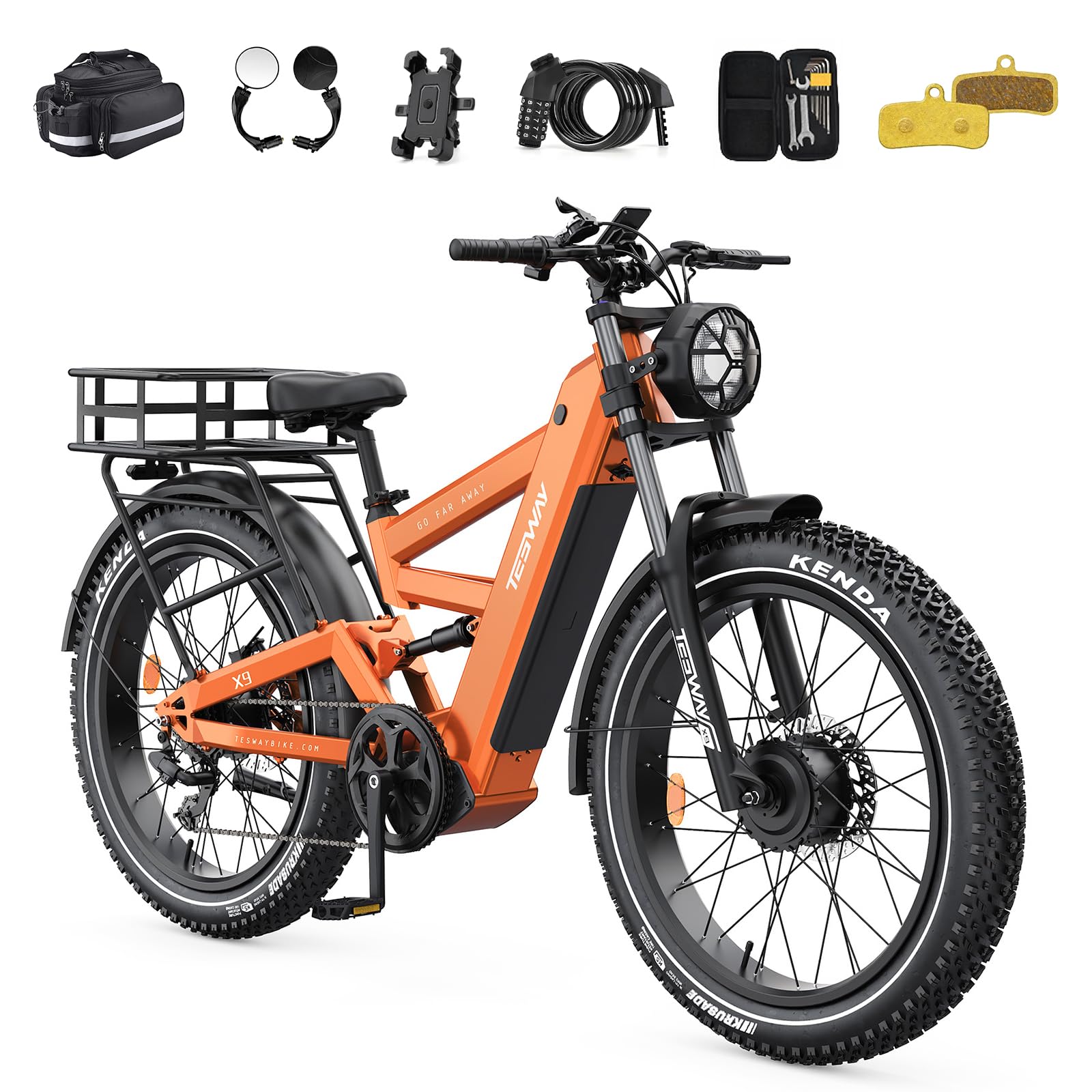 TESWAY X9 Ultra Dual Motor Ebike, 60V 30Ah 200KM/120 Miles Long Range, 4000W 43MPH 240NM, 26" Fat Tire Full Suspension AWD Electric Bike for Adults