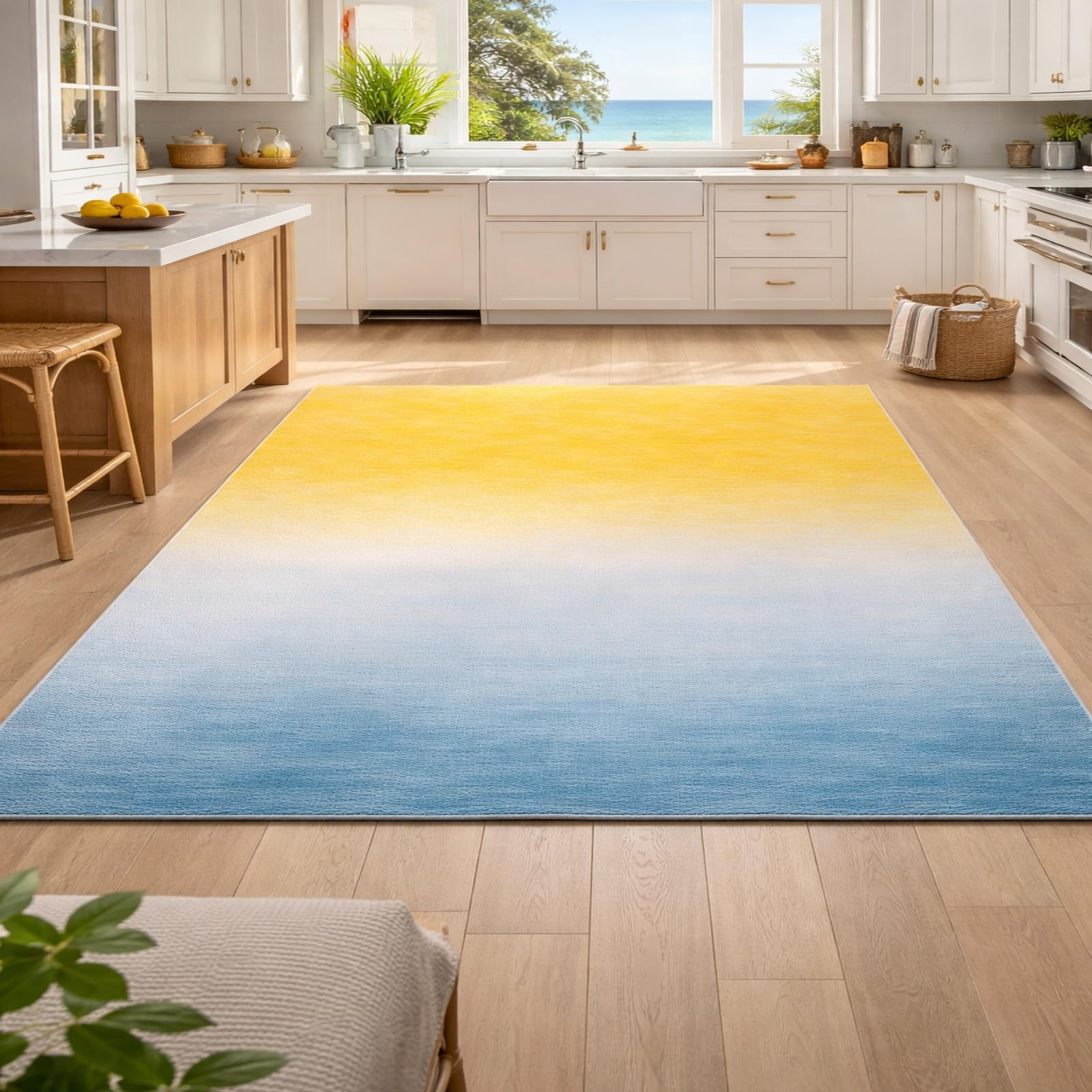 Tapis abstrait moderne jaune bleu blanc 140x160 cm pour salon contemporain