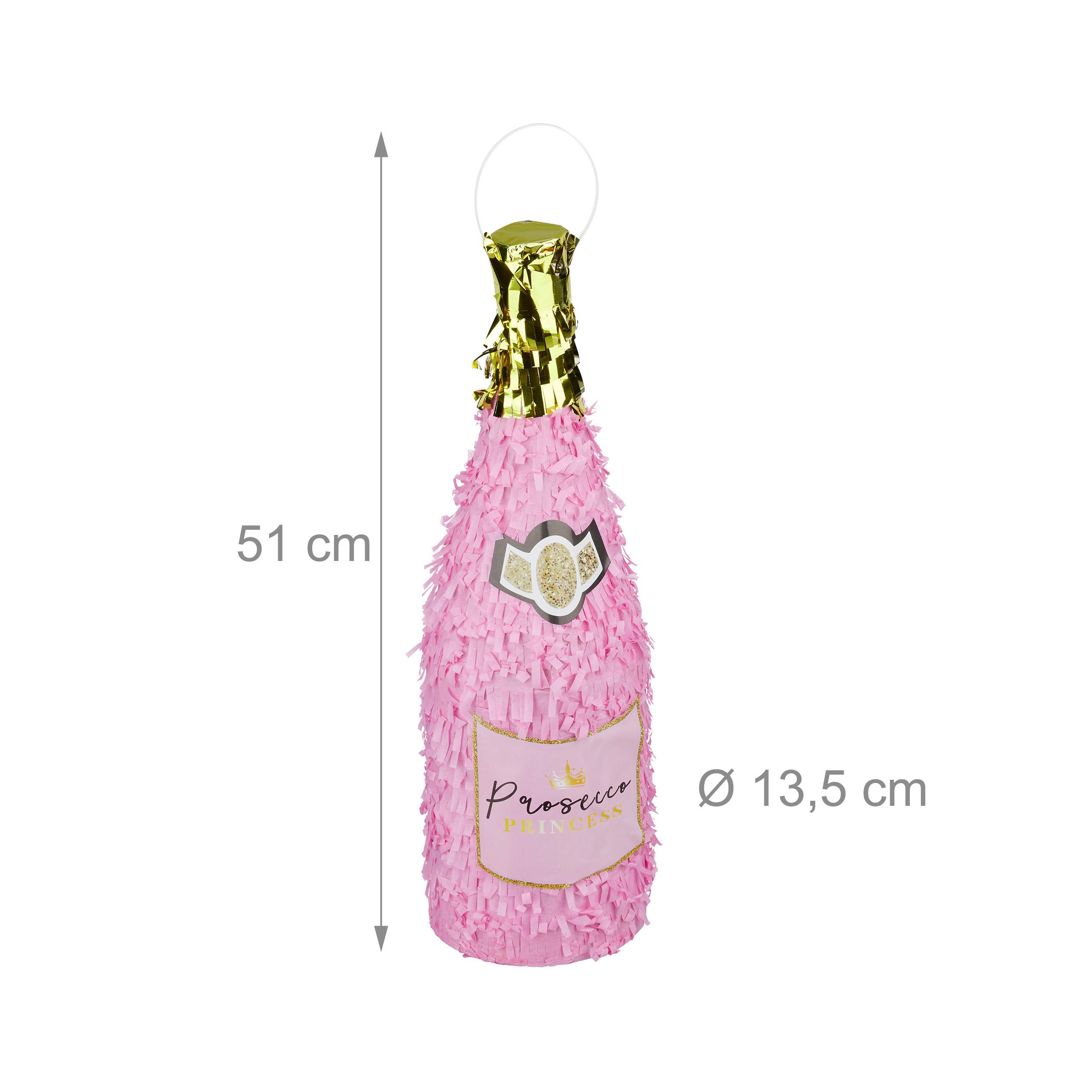 Relaxdays Pignatta a Forma di Bottiglia di Spumante, Pentolaccia da Appendere Riempire, Compleanno Principessa, Rosa-Oro