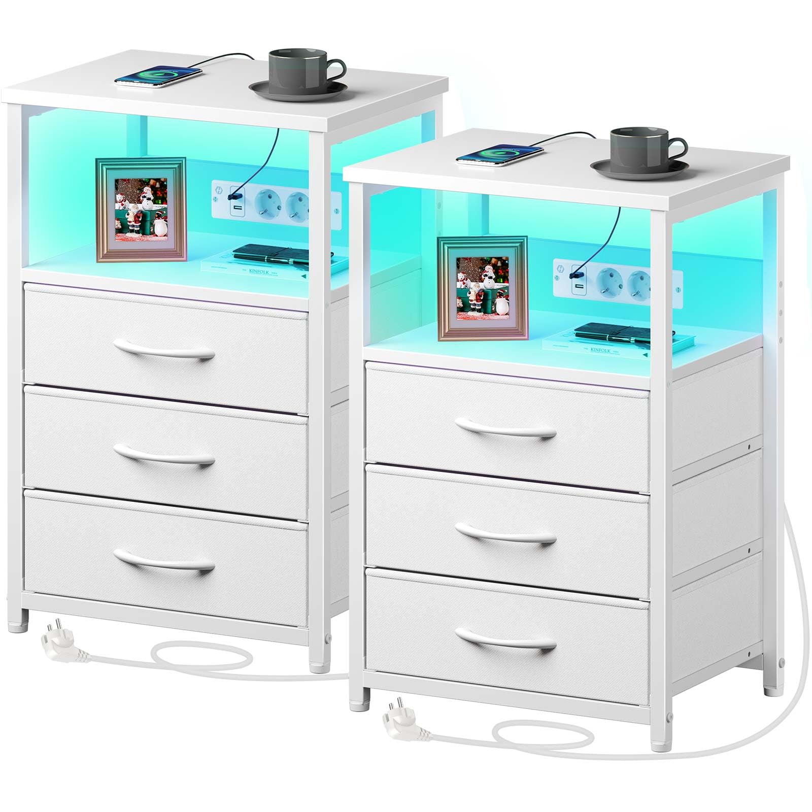 Rolanstar Chevet avec Chargeur, LED Intégrée, 2 Tiroirs en Tissu et 3 Niveaux de Rangement, Table de Nuit Moderne pour Chambre à Coucher, Blanc