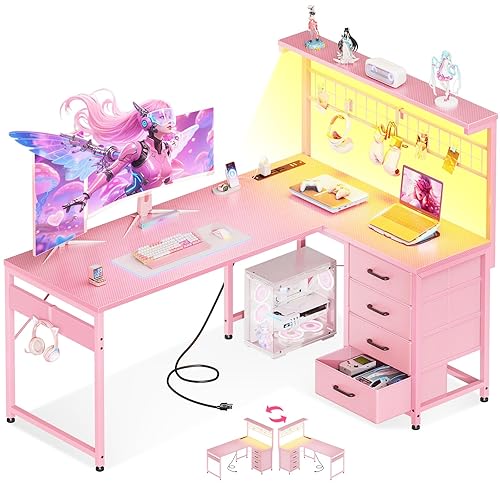 MOTPK 51” Large L Shaped Gaming Desk, Corner Computer Table with Shelf & Hutch, 4 Drawers, Reversible Study Desk with LED Light, Power Outlets & USB Ports, Home Office Table, Carbon Fiber Pink - Carbon Fiber Pink - 51 Inch