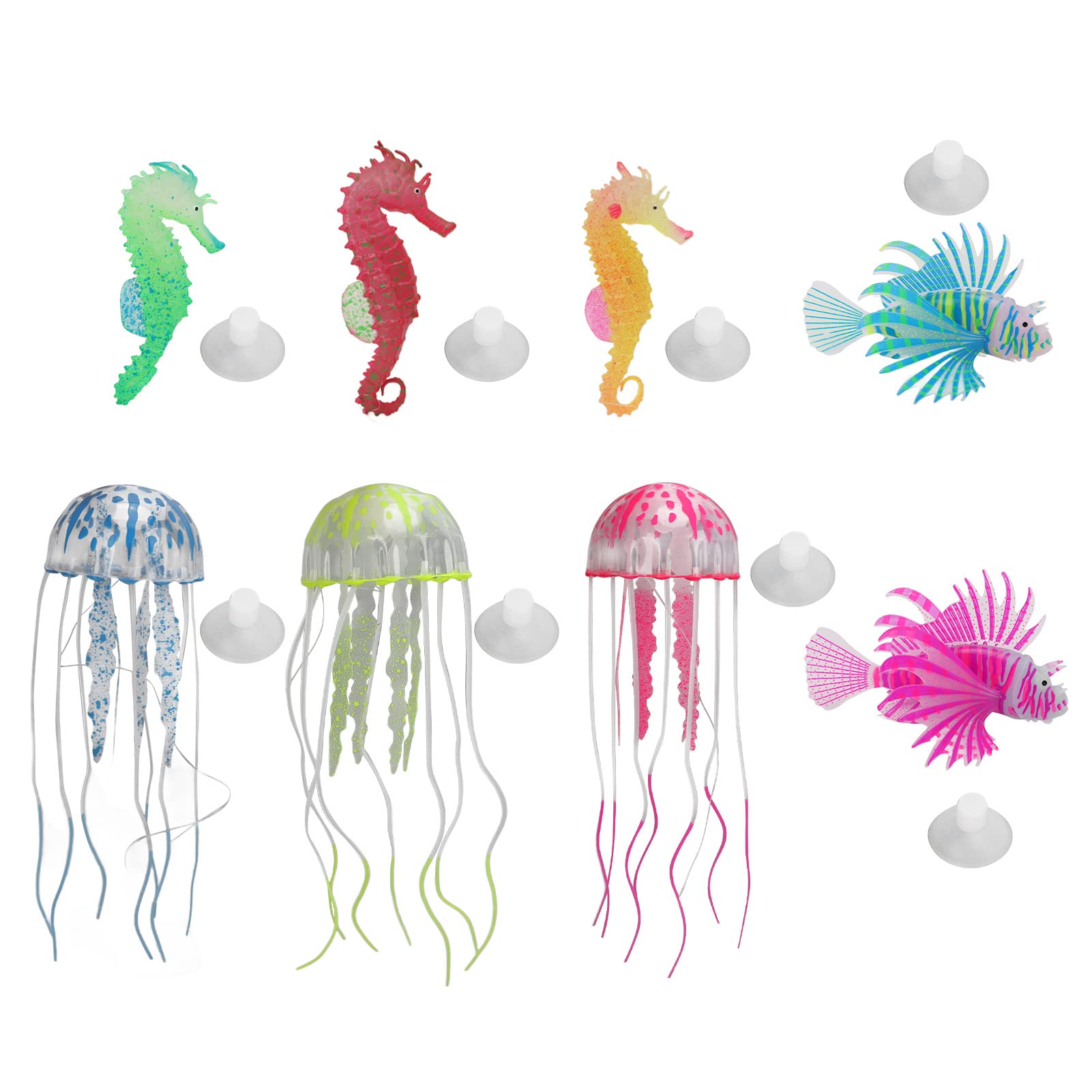 Pssopp 8Pcs Glow in the Dark Silicone Jellyfish and Seahorse Aquarium Decor Set for Fish Tank Decoration Ornament Luminous Artificial
