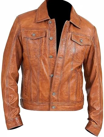 Trucker Leather Jacket Men - Real Lambskin Shirt Style Vintage Biker Mens Leather Trucker Jacket