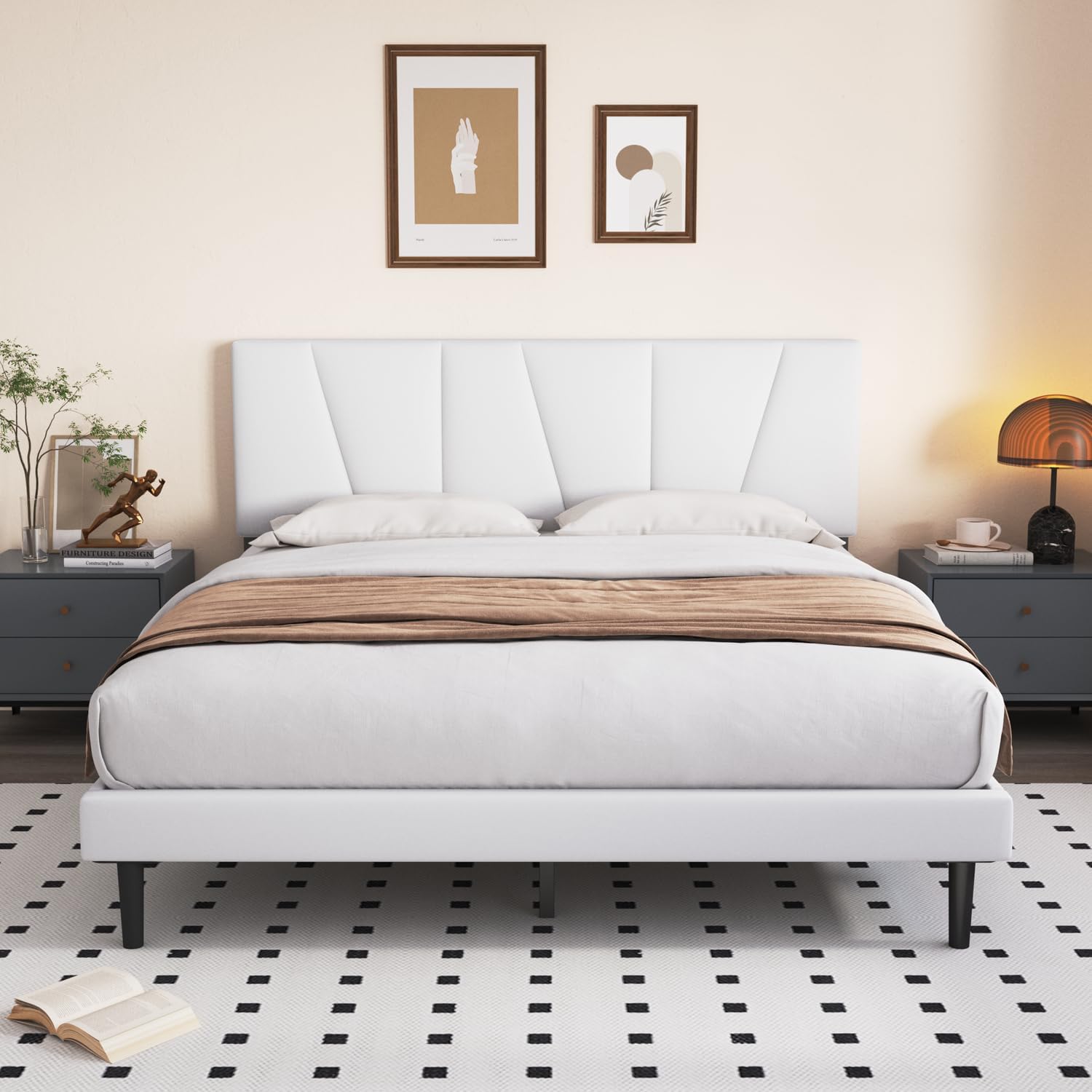 King Size Bed Frame with Upholstered Headboard, Linen Fabric Wrap, Wooden Slats Support, Solid and Stable, No Box Spring Needed, Non-Slip and Noiseless, Easy Assembly, A White