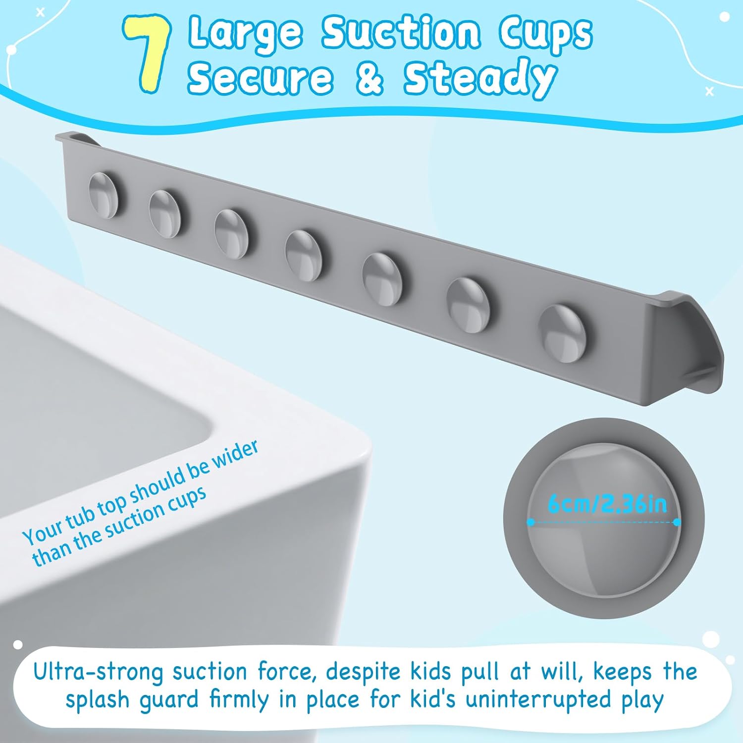 3 Ft Bathtub Splash Guard for Tub Kids, Bath Tub Toy Holder Storage Play Shelf, Longer Silicone Water Splash Guard for Bathtub with Strong Suction Cups, No Mess Water Spill in Bathroom, Grey