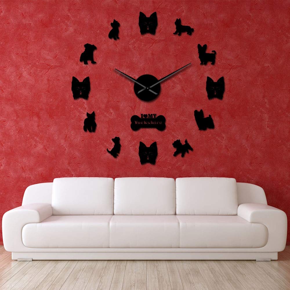 Horloge murale géante Yorkshire Terrier avec miroir acrylique bricolage noir 70cm