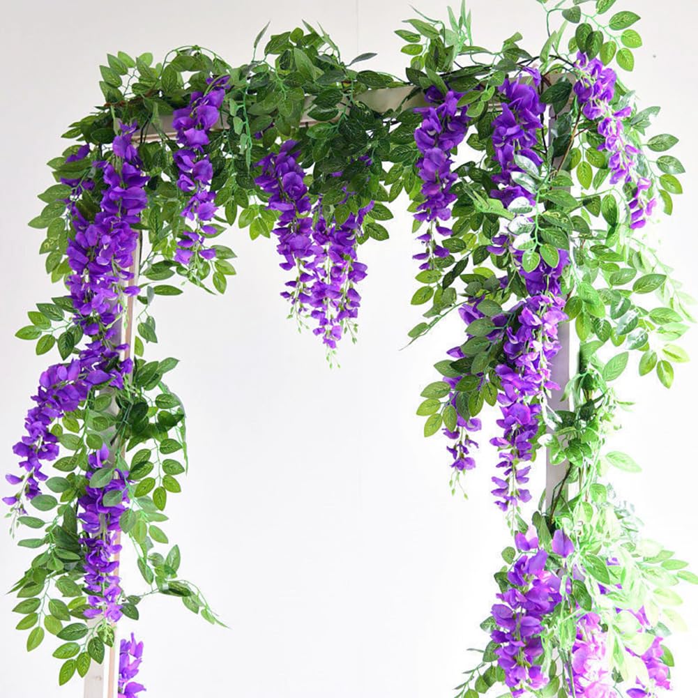 Macrak 2x6Ft Wisteria Hanging Flowers Artificial Vines Fake Garland Silk Flower for Wedding Party Outdoor Home Wall Decoration (Purple)