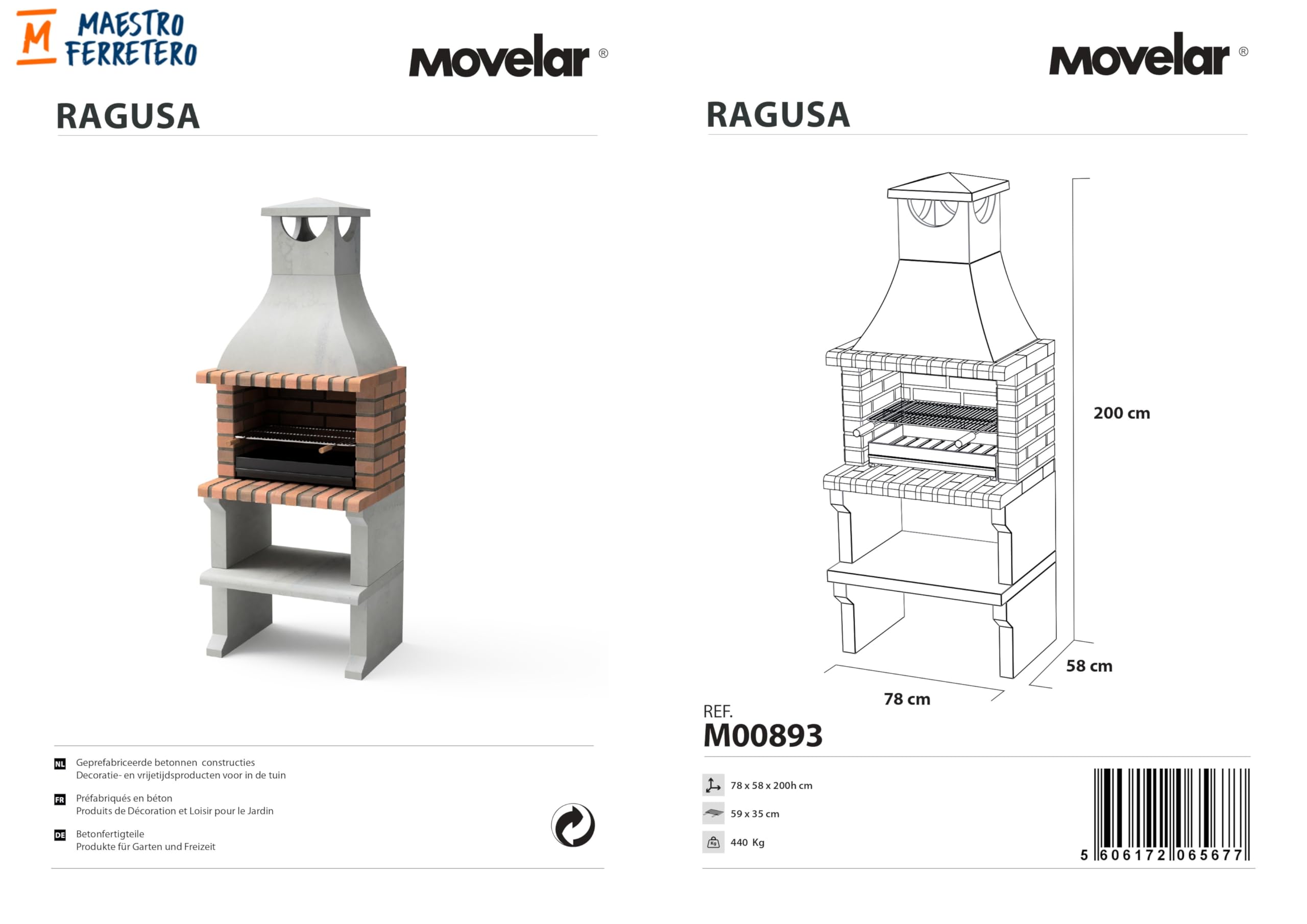 MOVELAR - Barbacoa de Obra Prefabricada para Leña y Carbón Modelo RAGUSA - (Gris/Terracota - 76 x 58 x 207 cm) REF: M00893 - Uso en Exteriores (STANDAR)