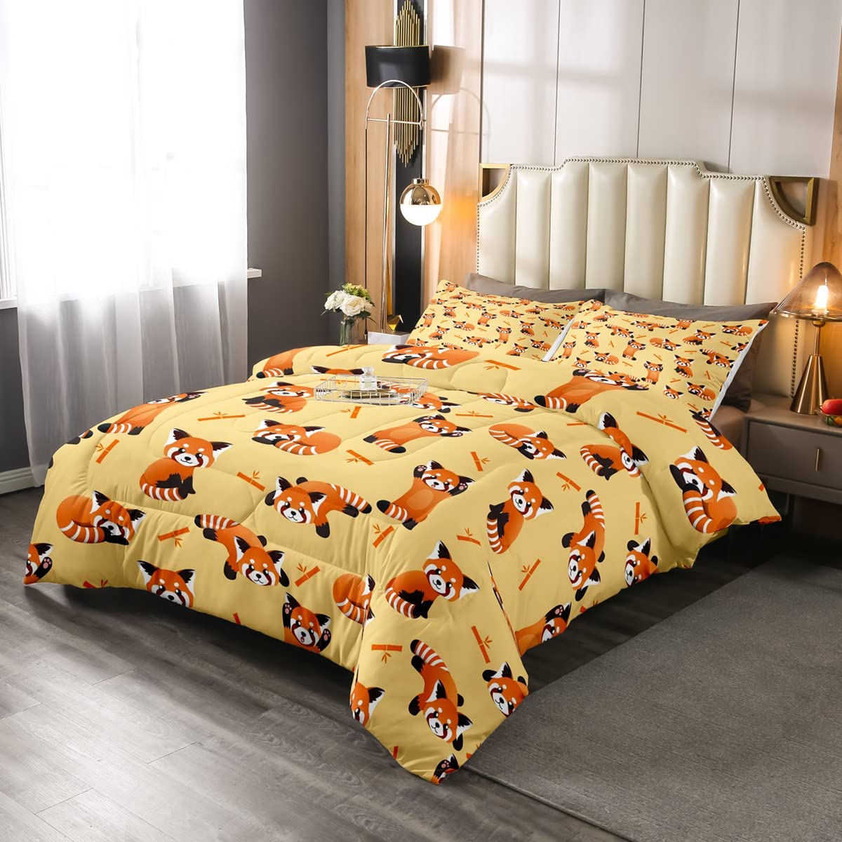 Kids Cartoon Panda Cute Red Panda Bamboo Duvet Set for Boys Girls 3D Animal Bedding Set Orange Yellow 3Pcs Bedding Double — image 1