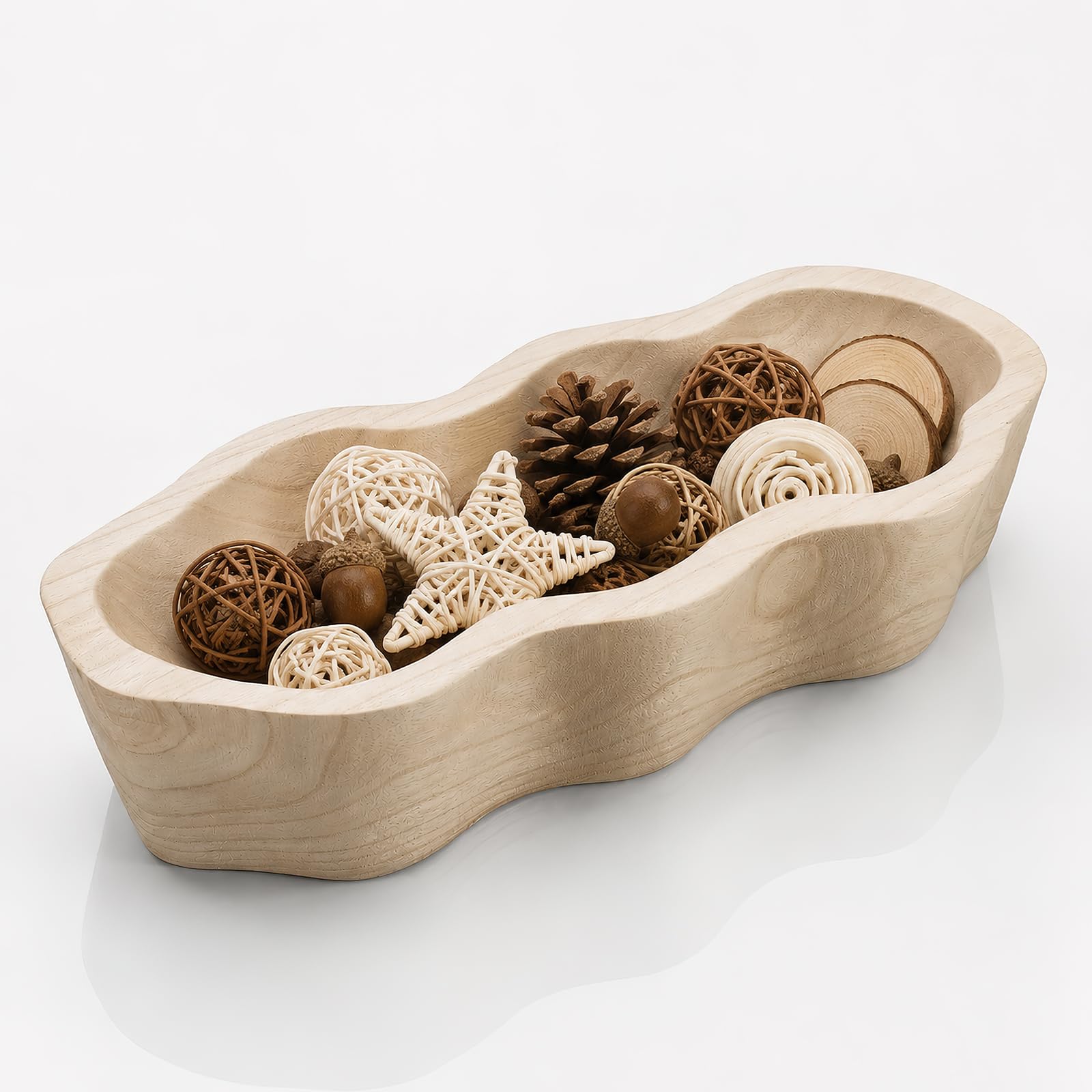 Large Wooden Decorative Bowl, Wavy Rustic Dough Bowl for Home Decor, 40 cm