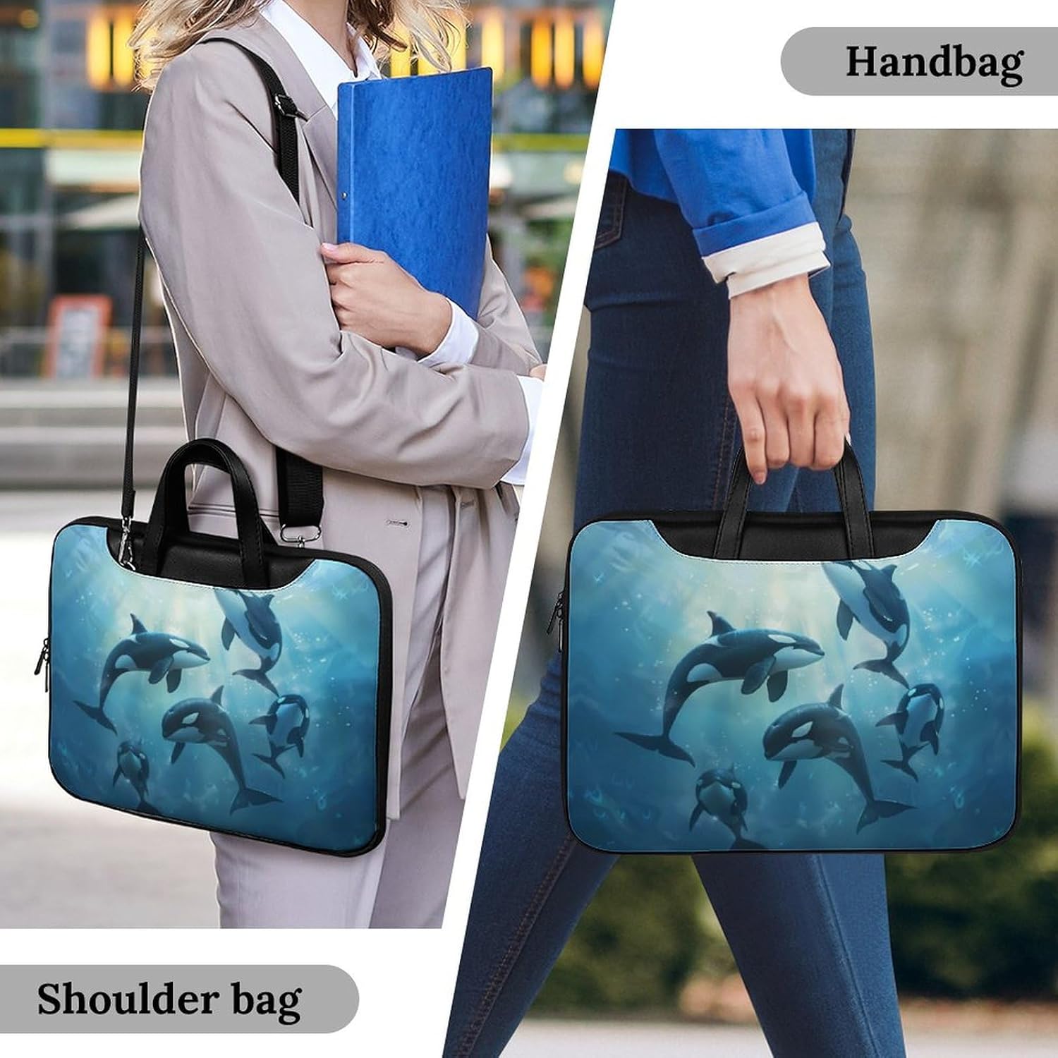 Orca Killer Whale Laptop Bag PU Leather Computer Tote Bag Carrying Case Messenger Bag with Handle