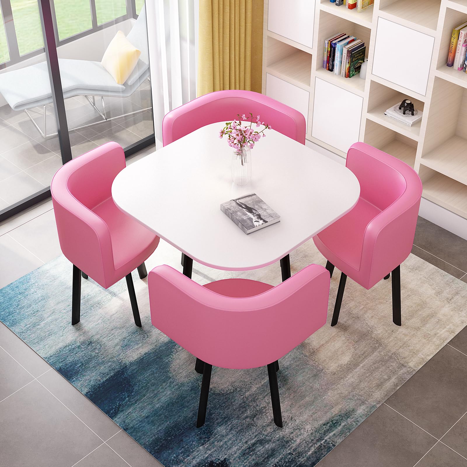 OLSKFUH Modern Round Dining Table Set With 4 Chairs For Business Meetings And Office Conference Small Round Coffee Table And Chair Combination Pu 6,Pu-24-80 * 80 * 73cm