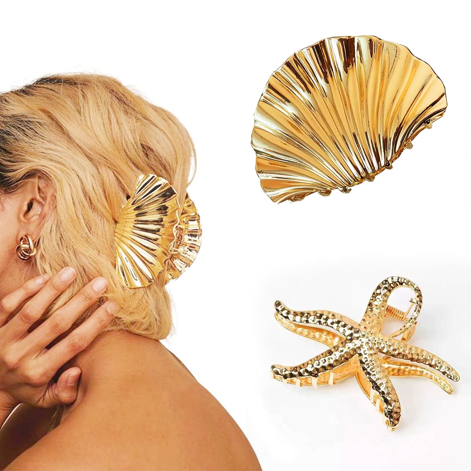 Seashell Hair Clip, Starfish Hair Clips, Gold Claw Clip, Gold Seashell Beach Clips, Large Metal Summer Starfish Mermaid Accessories for Women and Girls (Pack of 2)
