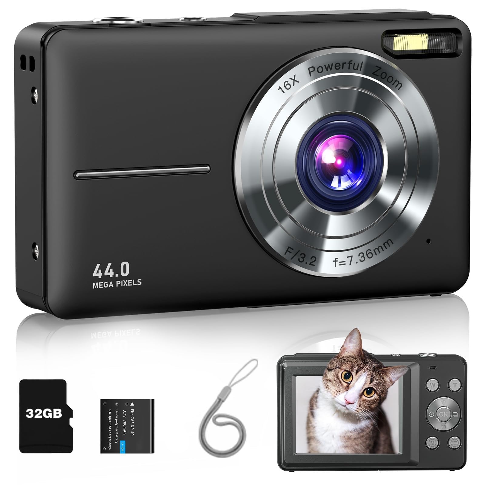 Milatech Digital Camera, FHD 1080P Camera, Digital Point and Shoot Camera with 16X Zoom Anti Shake, Compact Small Camera for Kids (Black)