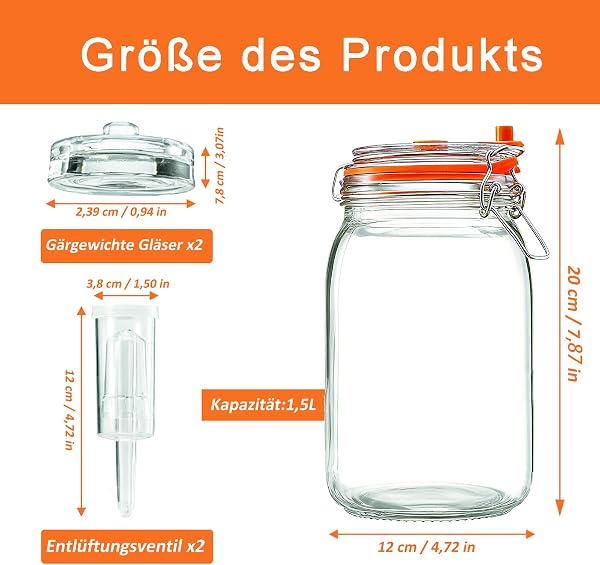 Tarros de Fermentación de 1,5L, con Pesas y Bloqueo de Aire, Kit de Fermentación Apto para Elaborar Marmellata, Kimchi, Yogur, y Kombucha, Paquete de 2 - 2