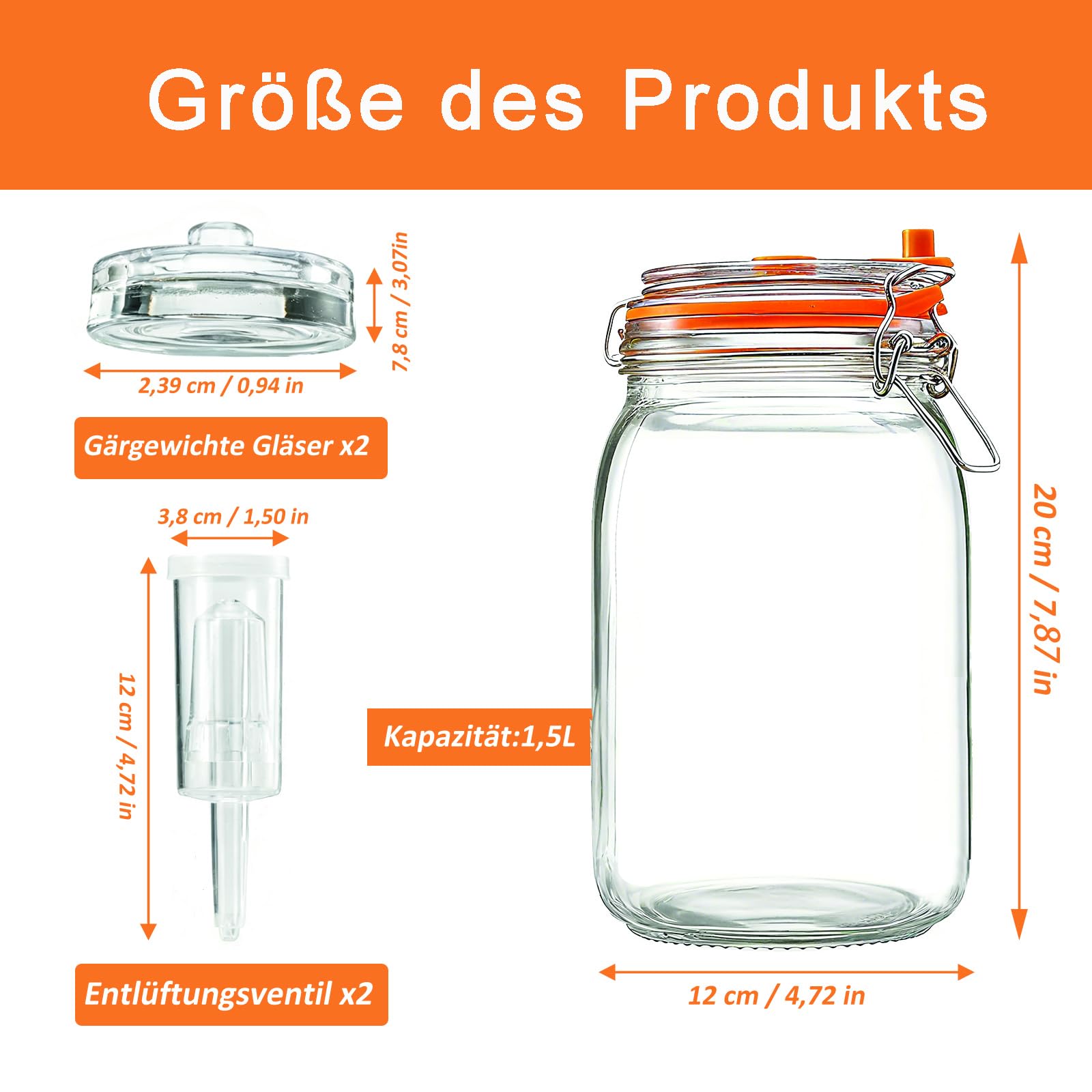 Tarros de Fermentación de 1,5L, con Pesas y Bloqueo de Aire, Kit de Fermentación Apto para Elaborar Marmellata, Kimchi, Yogur, y Kombucha, Paquete de 2 — view 2
