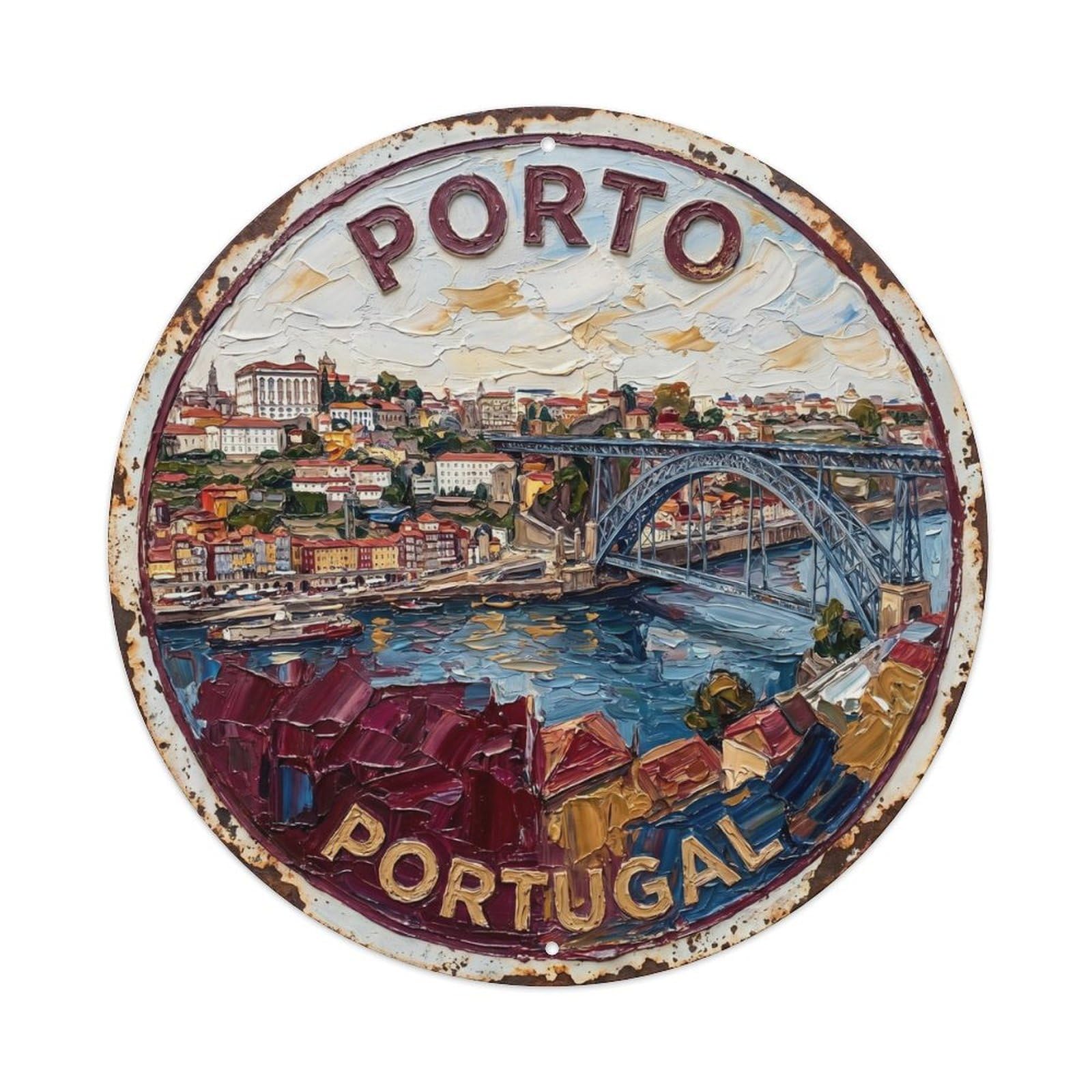 Vintage Travel Porto Skyline Portugal Metal Tin Sign Plaque Wall Decor for Cafe, Club, Garden Round Metal Poster 8x8Inch