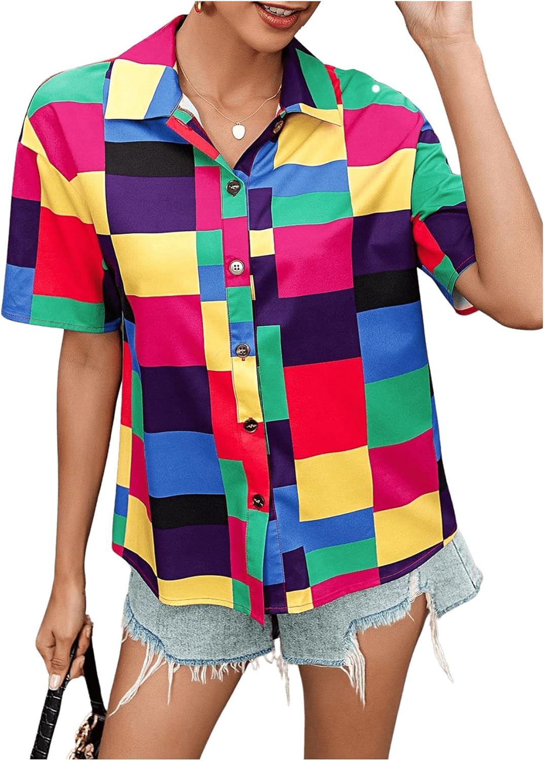 Milumia Women Color Block Button Down Shirts Short Sleeve 80s Blouse Top