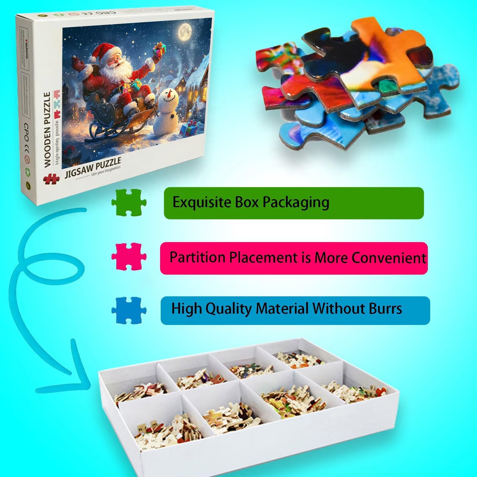Księżyc puzzle 1500 elementów, trudne puzzle, drewniane puzzle dla całej rodziny, zestaw "zrób to sam" dla dorosłych, nadają się jako dekoracja ścienna, prezenty dla kobiet, temat: Święty Mikołaj 8p
