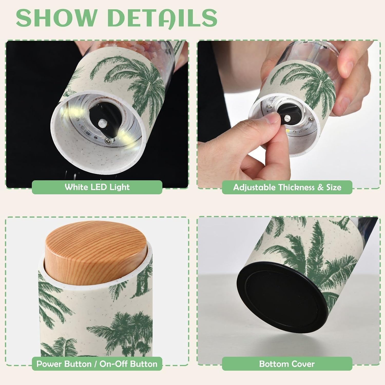 ALAZA Electric Pepper Grinder with Adjustable Coarseness, Palm Tree Pattern Green Battery Automatic Salt and Pepper Mill with Led, One-Handed Operation Spice Grinder for Kitchen, Camping & BBQ