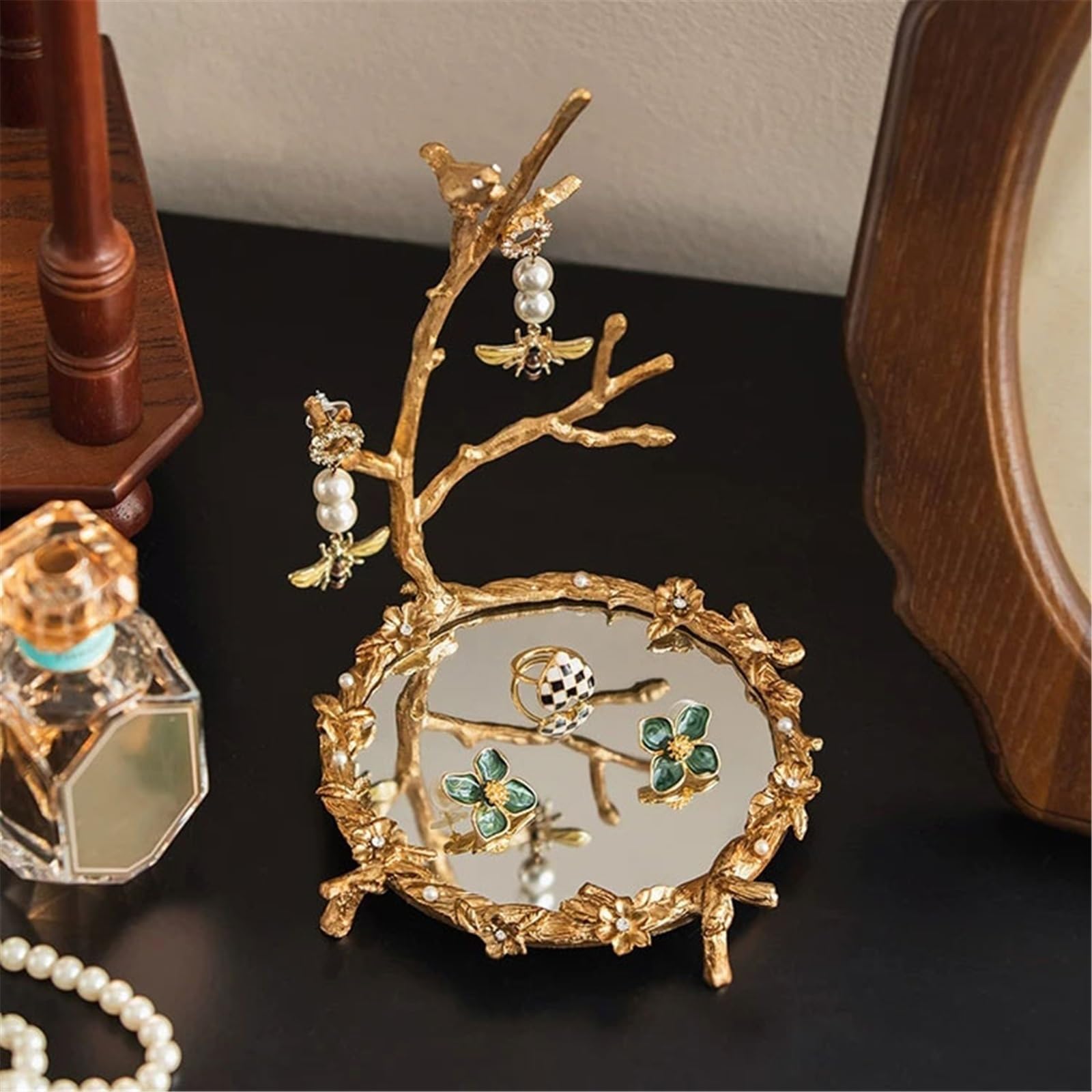 Stojak na biżuterię Vintage Golden Branch Alloy Jewelry Stand with Mirror Tray Stojak na naszyjnik