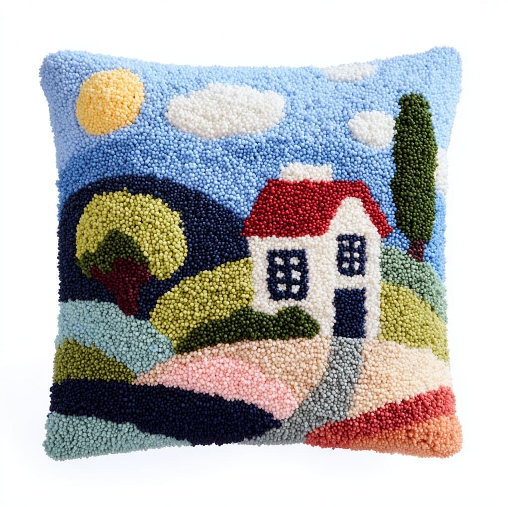 Wallustrioaw Latch Hook Pillow Case Kits,Cartoon Style House,Embroidery Kits Diy Latch Hook For Aadults Cross Stitch Cushion,17X17in