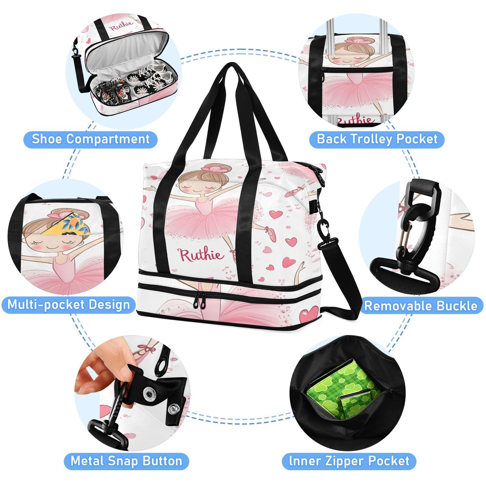 Wasserdichter Sport-Turnbeutel – niedliche Ballerina-Ballerina-Herz-Reisetasche mit großem Fassungsvermögen und Fach für trockene Nässe und Schuhaufbewahrung, Yoga, Schwimmen, Reisetasche