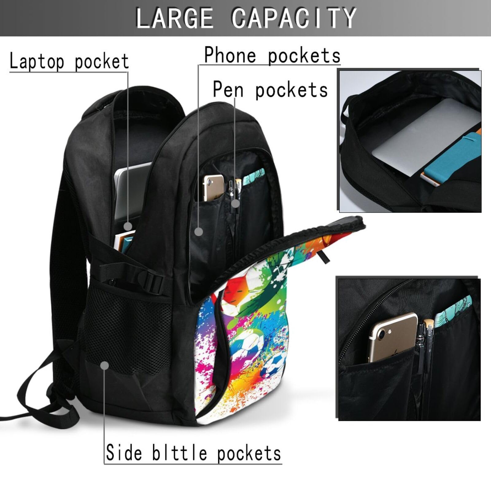 InOmak Schizzi di colore su tutto il pallone da calcio, Zaino da viaggio casual per laptop con porta di ricarica USB per uomo e donna