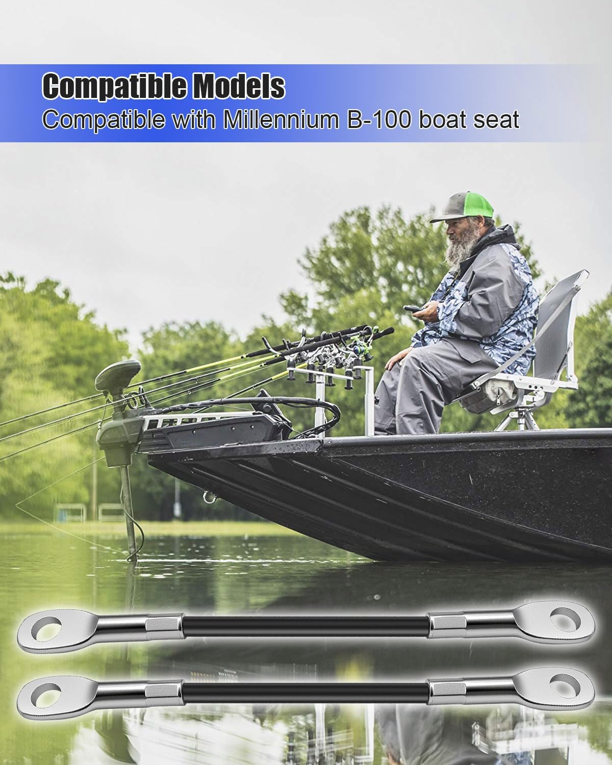 7" Marine Boat Seat Cables Fit for Millennium B-100 Marine Boat | 2Pcs Arm Rest Straps w/ 4 x Bolts Replace B101-00