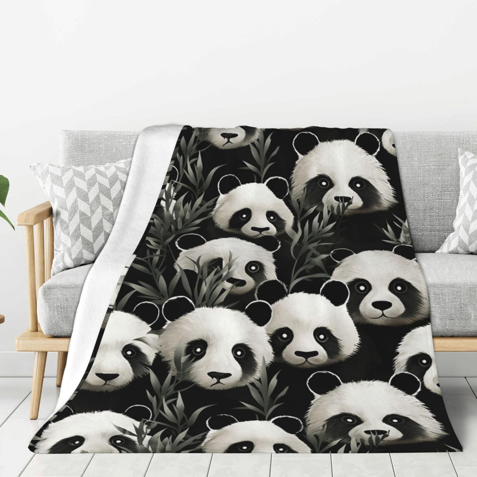 Panda Graphic Black and White Throw Blanket Plush Flannel Fleece Blanket, Soft Lightweight Cozy Blankets 80"X60" for Bed Couch Sofa Travel